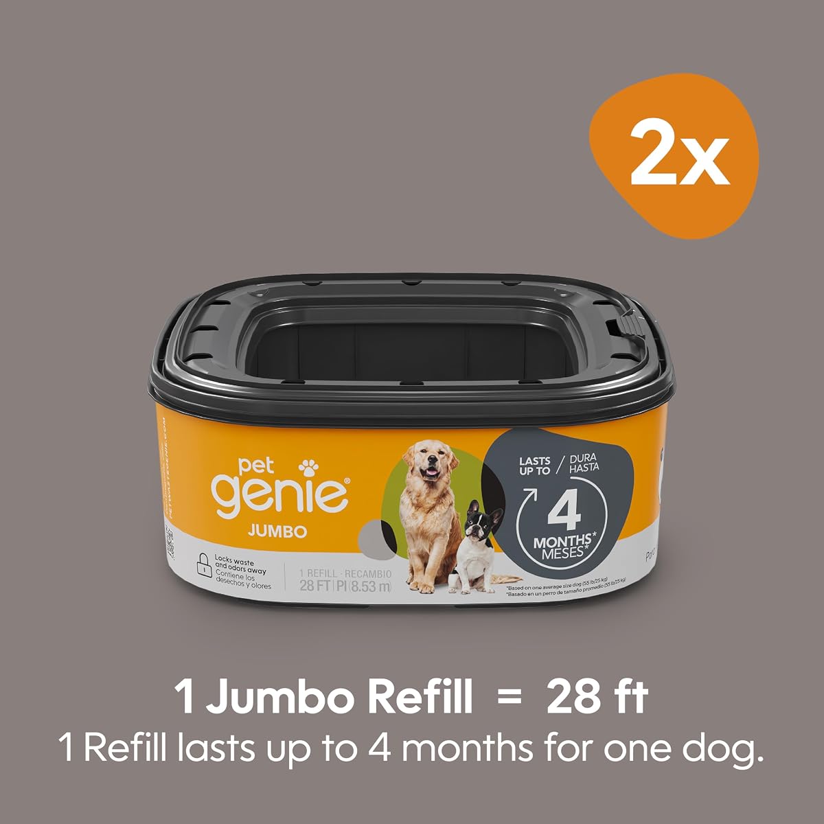 Pet Genie Refill Bags | Jumbo 2-Pack, 56 Total ft | Up to 8 Months of Supply in 2 cartridges | Ultimate Odor Control Dog Poop Bags 1 Count (Pack of 2) image 1