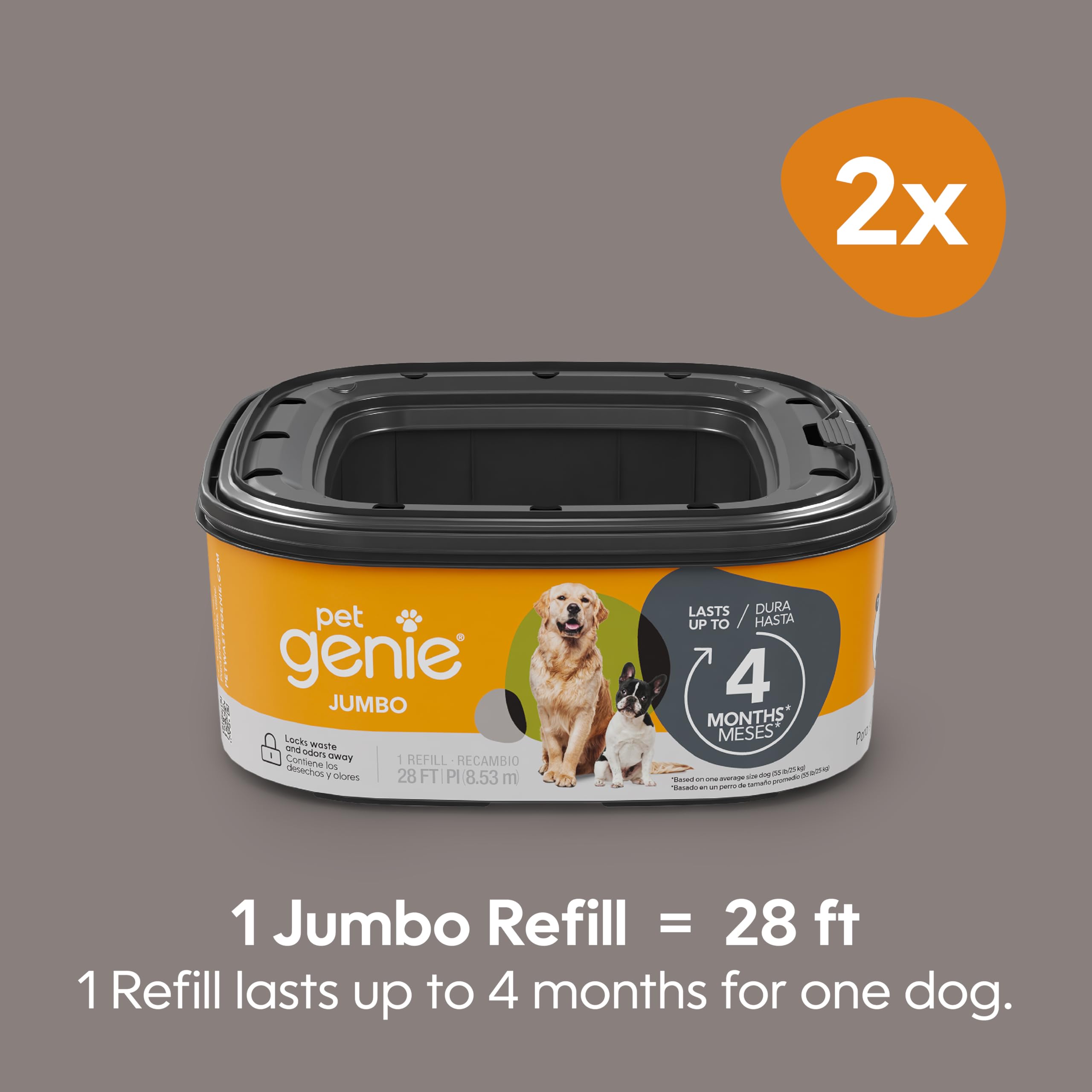 Pet Genie Paquete de 2 recambios jumbo, hasta 8 meses de suministro, bolsas para excrementos de perro con control de olores definitivo