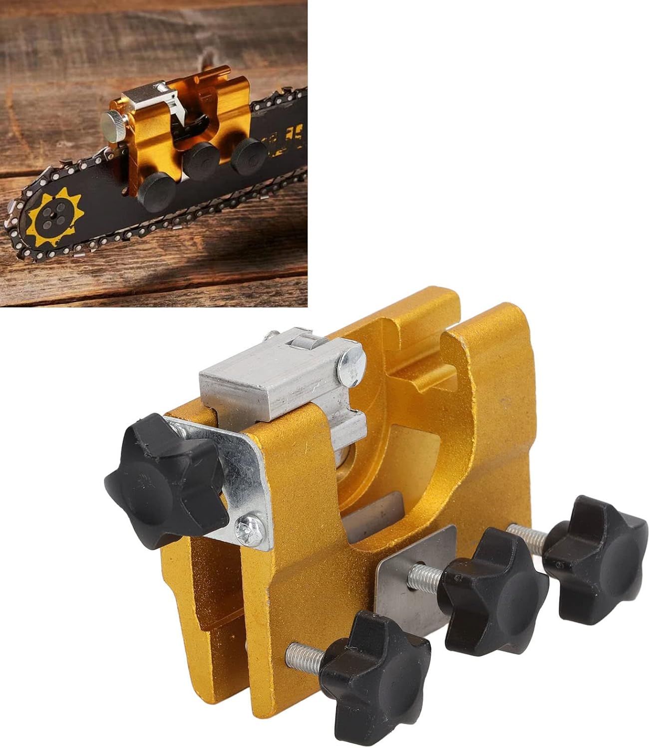 Chainsaw Sharpener Jig, Portable Chain Saw Sharpening Tool with 3 Pcs Alloy Steel Grinding Heads, Manual Chainsaw Chain Sharpener of Chains, Aluminum Alloy Material L