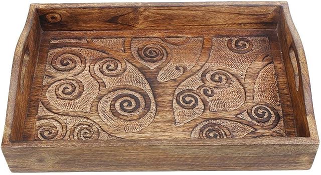 storeindya SI-UK-MI-1248 Wooden Tray with Handle - Hand Carved Tree of Life Design