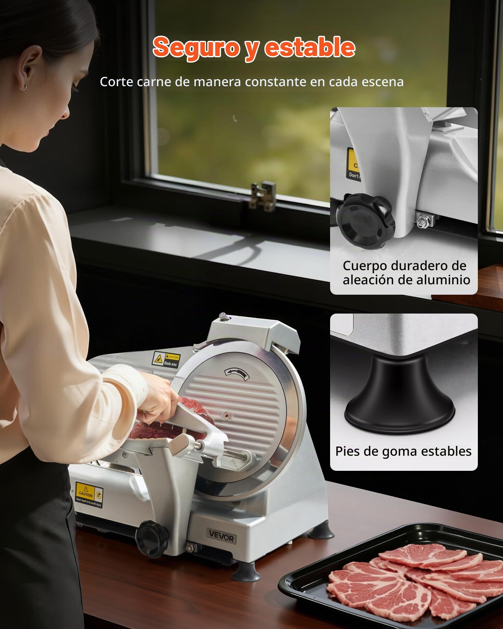 VEVOR Cortafiambres Eléctrico Comercial 320 W, Cortadora de Fiambre con Cuchilla Afilada de 250 mm, Velocidad de Corte de 450 RPM, Grosor Ajustable de 0 a 10 mm, para Carne Congelada, Jamón, Baguette