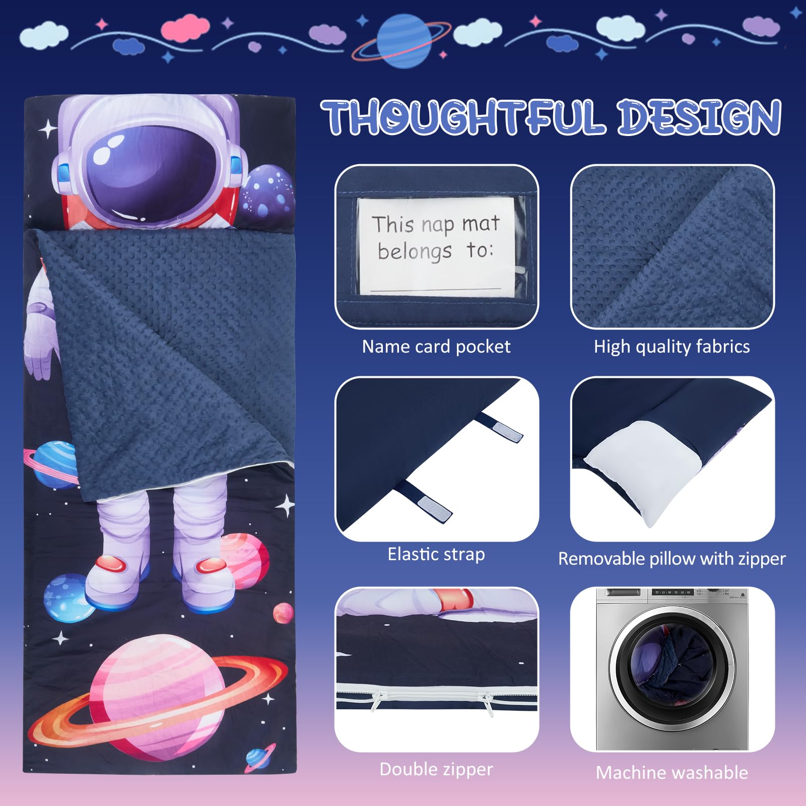 Saco de Dormir Infantil para Niños y Niñas 3-8 Años (120x60 cm), de Algodón con Forro Polar, Ligero y Cálido con Almohada Desmontable, para Guardería, Viaje y Camping