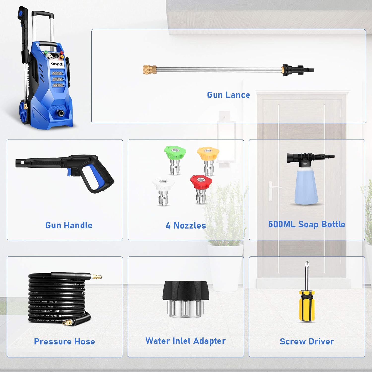 Suyncll Electric Pressure Washer 3800PSI, 2.6GPM Power Washer Cleaner with 4 Nozzles, Detergent Tank, Best for Cars/Fences/Patios (Blue) : Patio, Lawn & Garden