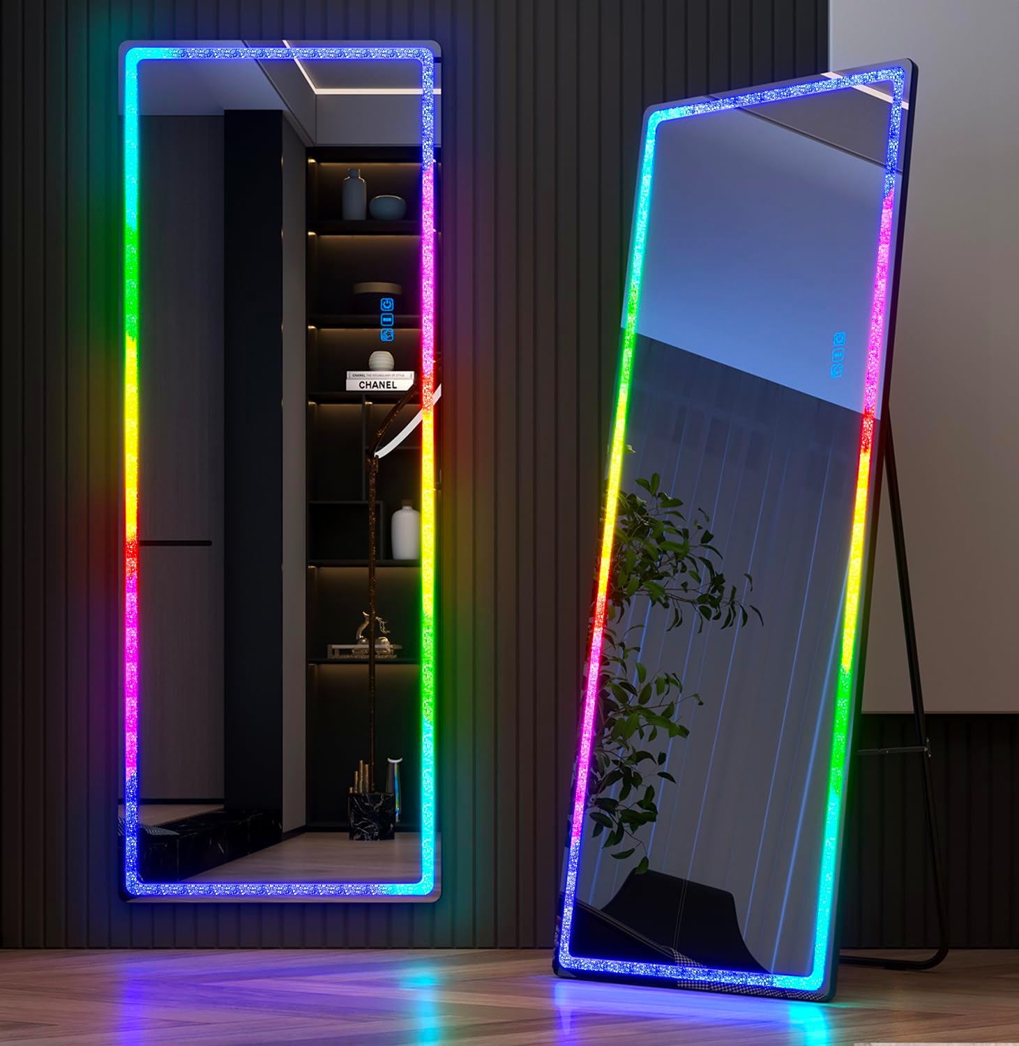 Vlsrka Full Length Mirror With RGB Lights, 63x20 Full Body Lighted With Crushed Diamond, Free Standing Floor LED, Wall Mounted, 7 Color Dimmable & Speed Adjustable (Black)