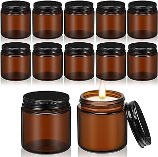 Zhehao 12 Pcs 4 oz Glass Candle Jars with Lids Amber Round Candle Container Tins Canning Mason Holder Containers Bottles for Valentine Making DIY, Dishwasher Safe, Black Lids
