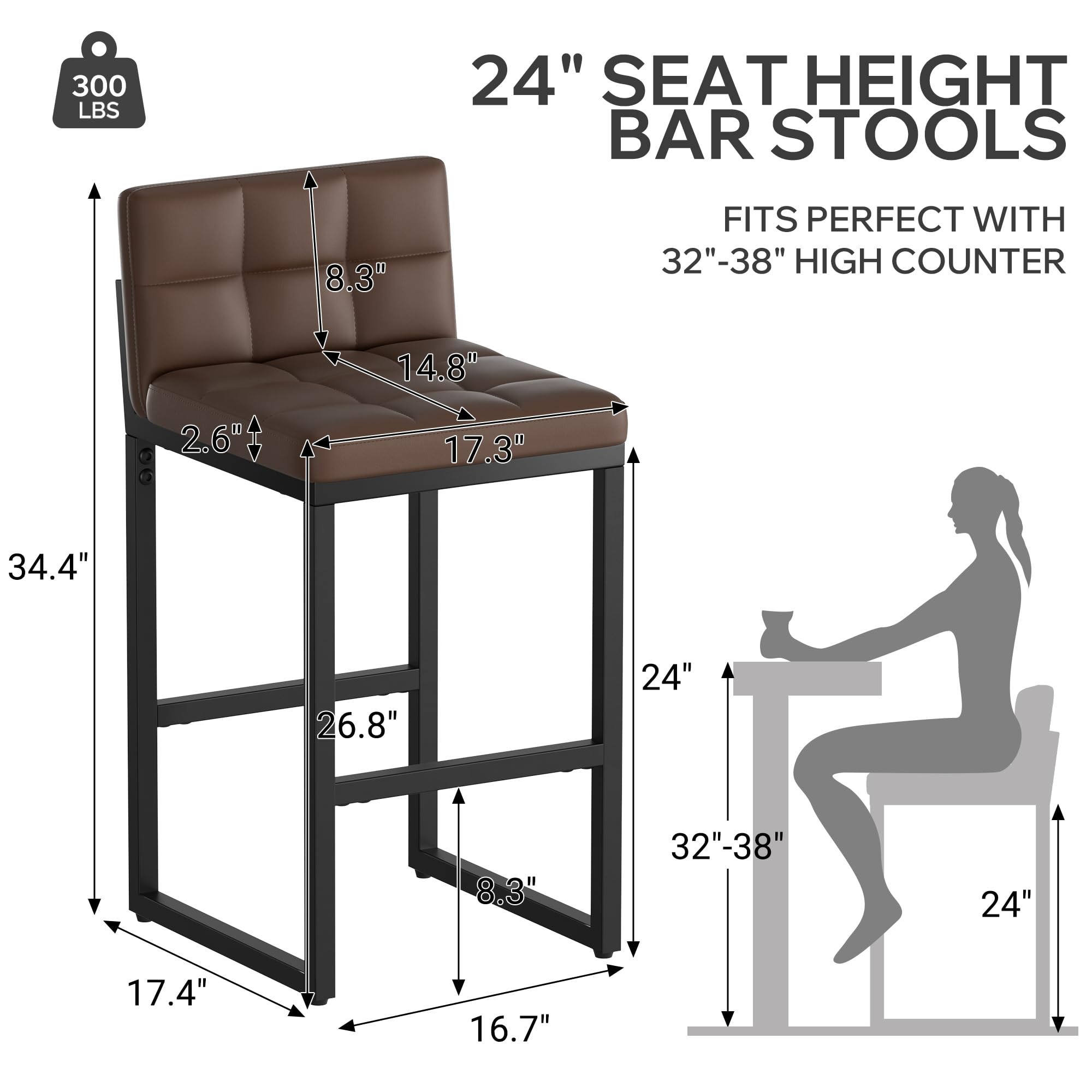 Condition photo showing New/Like New for 24" Bar Stools Set of 2, Modern Faux Leather Counter Height Bar Stools with Low Back and Footrest, Sturdy Thickened Metal Leg, Upholstered Kitchen Bar Chairs for Island, Brown