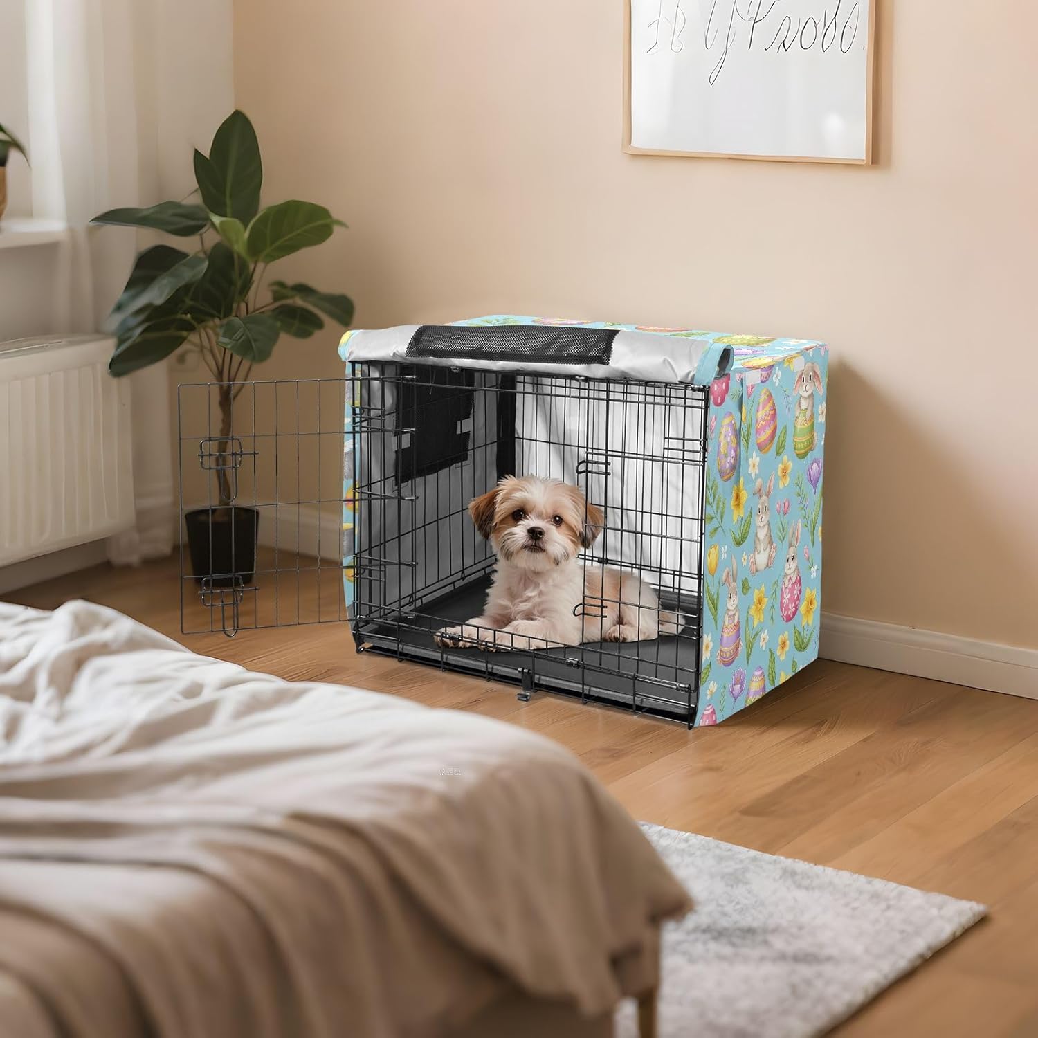 Bunnies Easter Blue Dog Crate Covers S-XL Wind-Resistant Pet Kennel Cover with Mesh Windows, Reduces Barking, X-Large