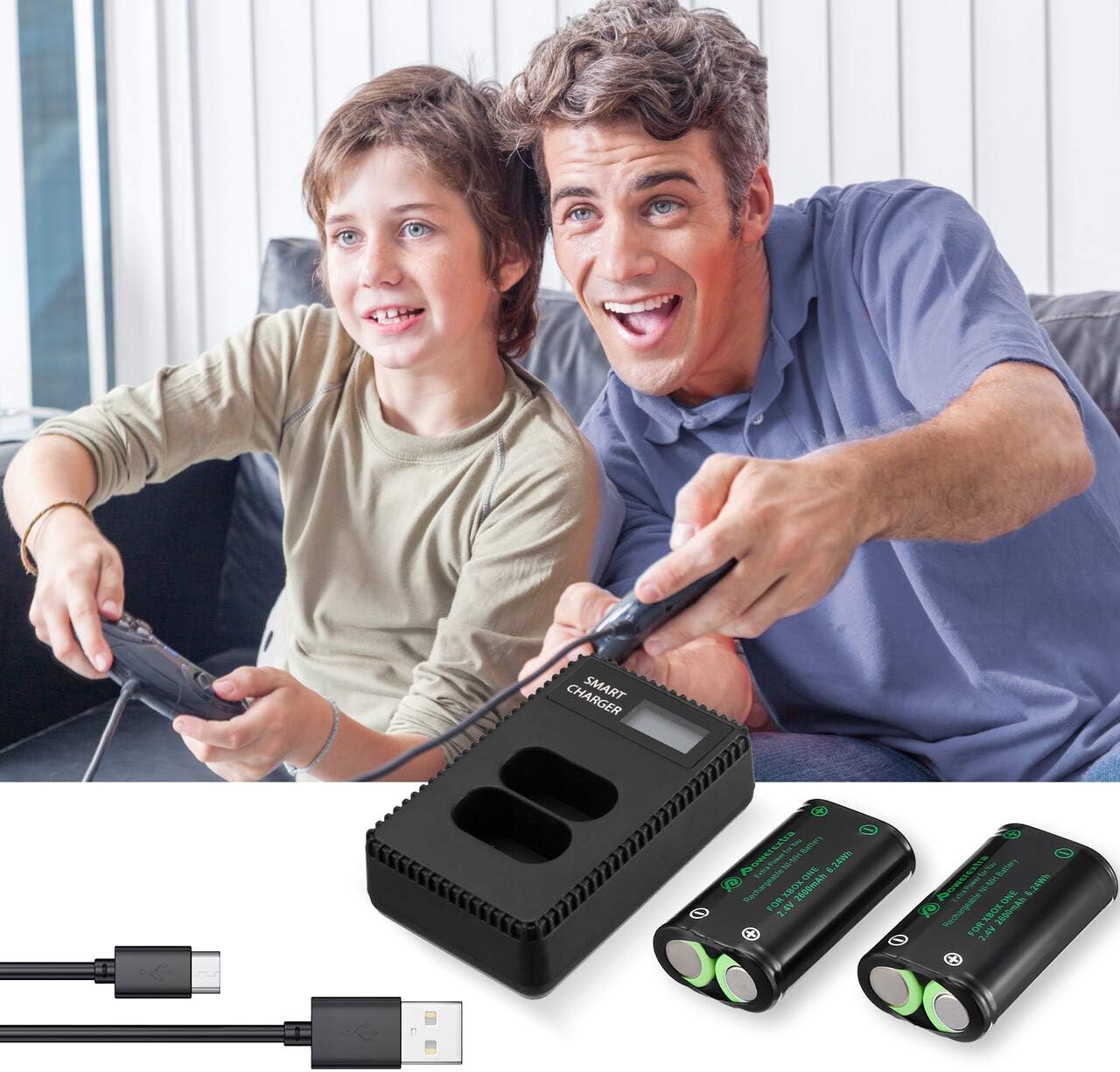 Powerextra Rechargeable Battery for Xbox One Xbox Series X|S 2600mAh 2 Pack Battery and Charger Controller Battery with Fast Charger for Xbox One Xbox One S Xbox One X Xbox One Elite