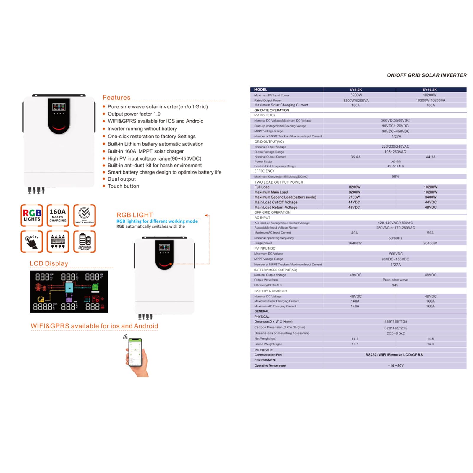 Inverter per accumulo Domestico a Onda positiva Pura, Inverter fotovoltaico Solare e regolatore con Pulsante di Feedback a Grande Schermo a LED,10.2KW