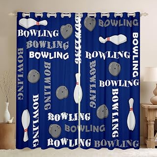 Feelyou Boys Bowling Ball Curtains Sports Bowling Print 30%-50% Blackout Window Curtains for Bedroom Kids Teens Girls Ball Gamer Decorations Window Drapes Treatments Blue, 38W X 45L,2 Panels