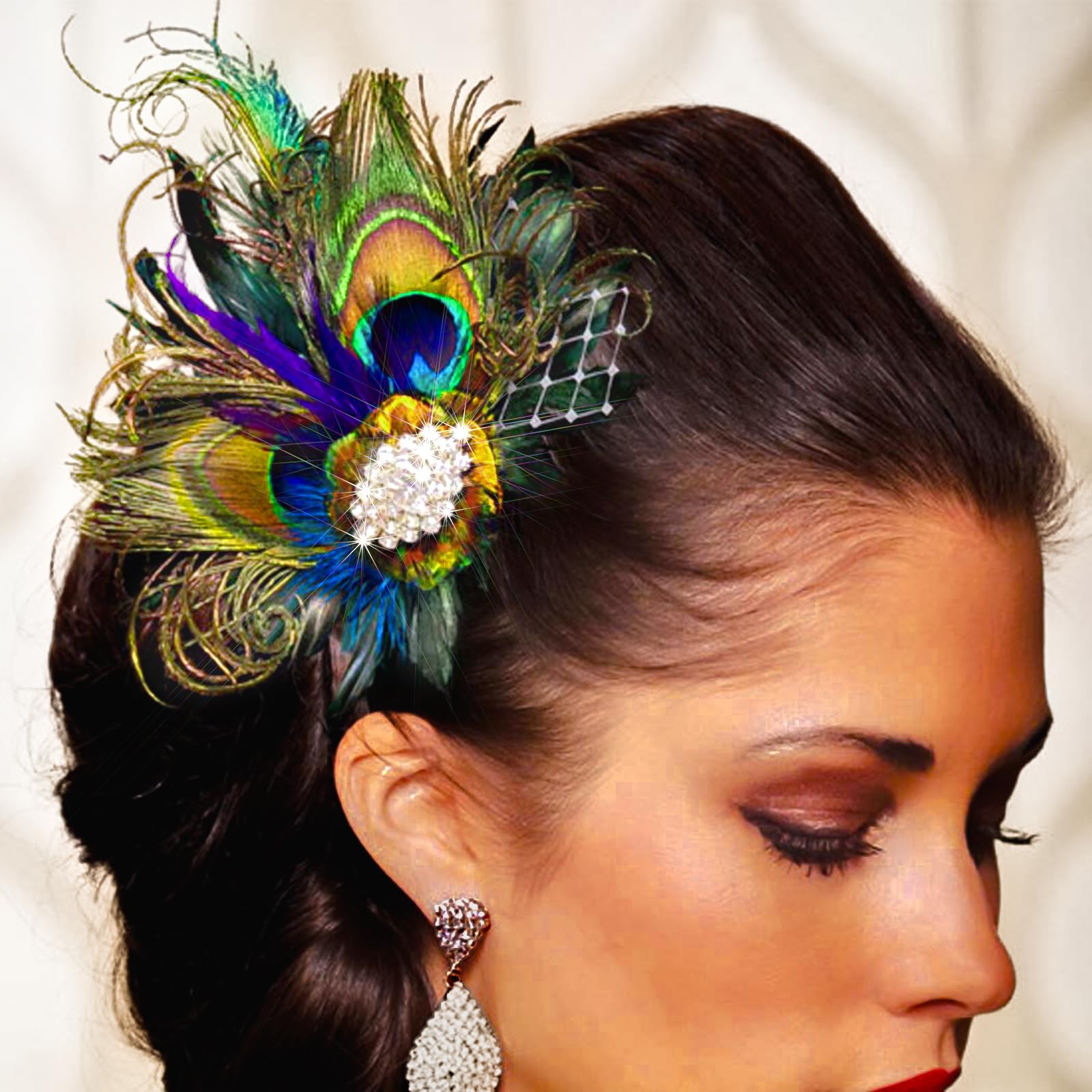 Yokawe Peacock Feather Hair Clip, Rhinestone Crystal Fascinator, 1920s Flapper,Vintage Style Hair Accessory