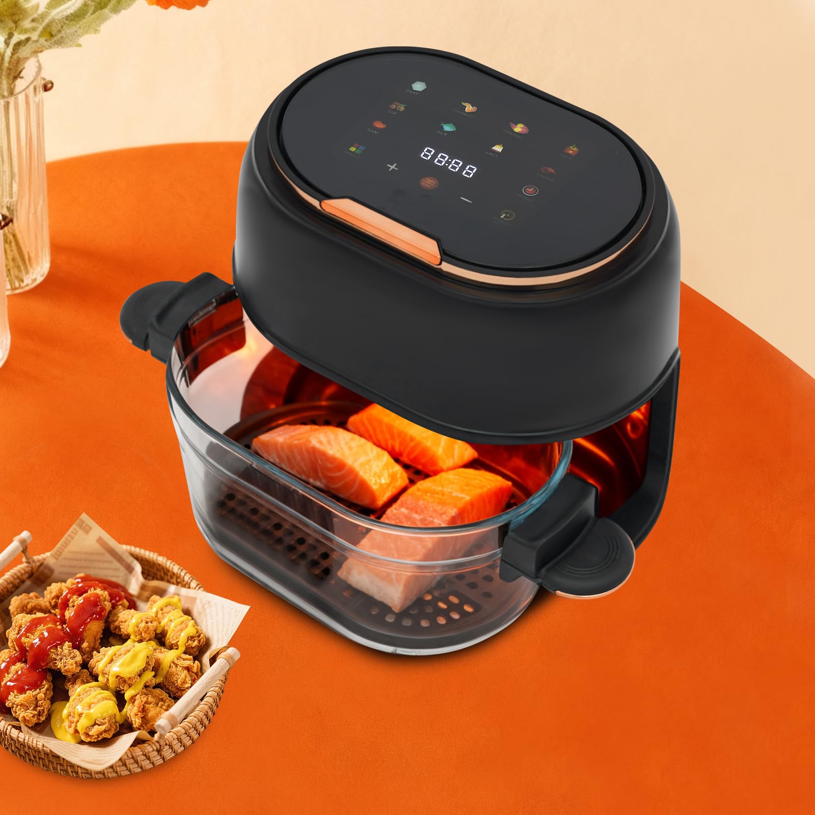 Freidora de aire caliente de 4 L con pantalla táctil y cesta de cristal visible, 1350 W, 220-240 V, 140-374 F, temporizador de 24 horas, freidora de aire caliente multifuncional para familia, patatas