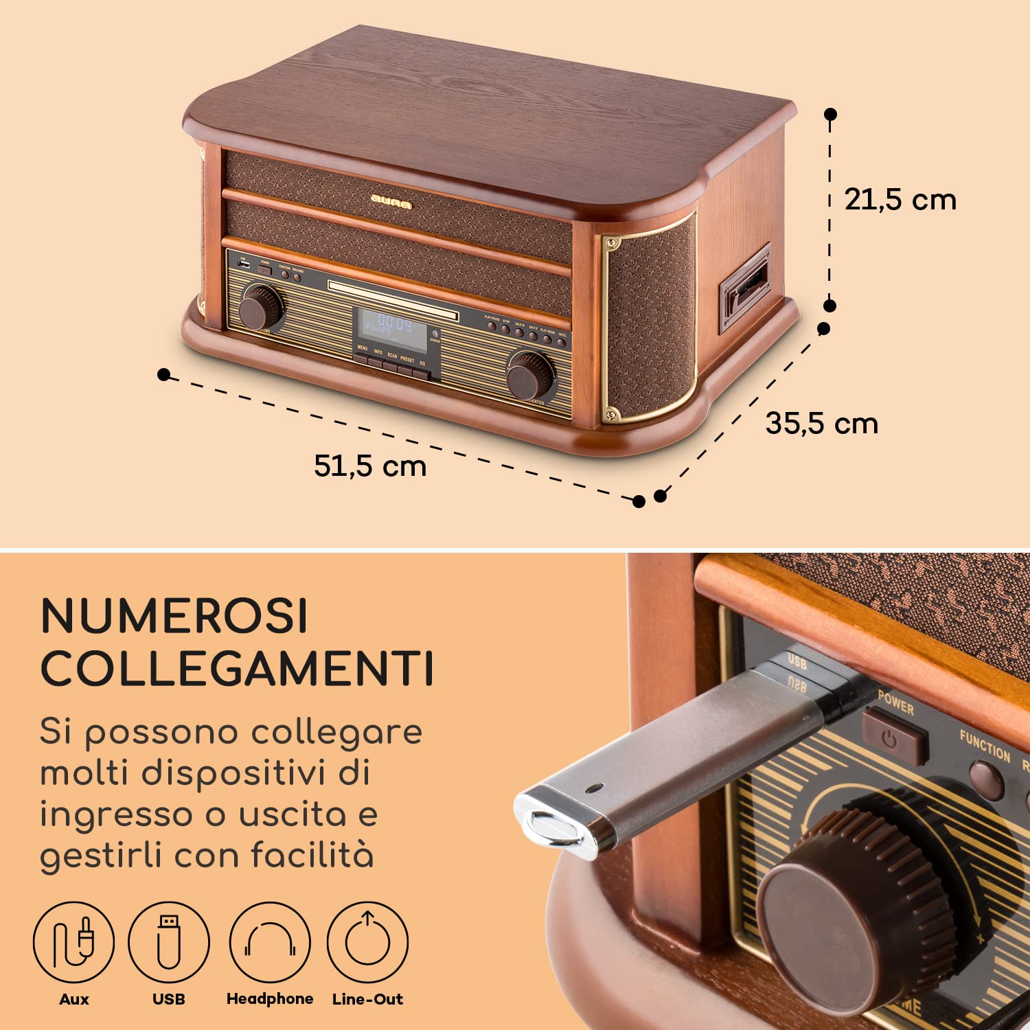 AUNA Belle Epoque 1908 Giradischi Vintage Radio Digitale DAB+ FM Bluetooth Lettore CD MP3 USB Marrone