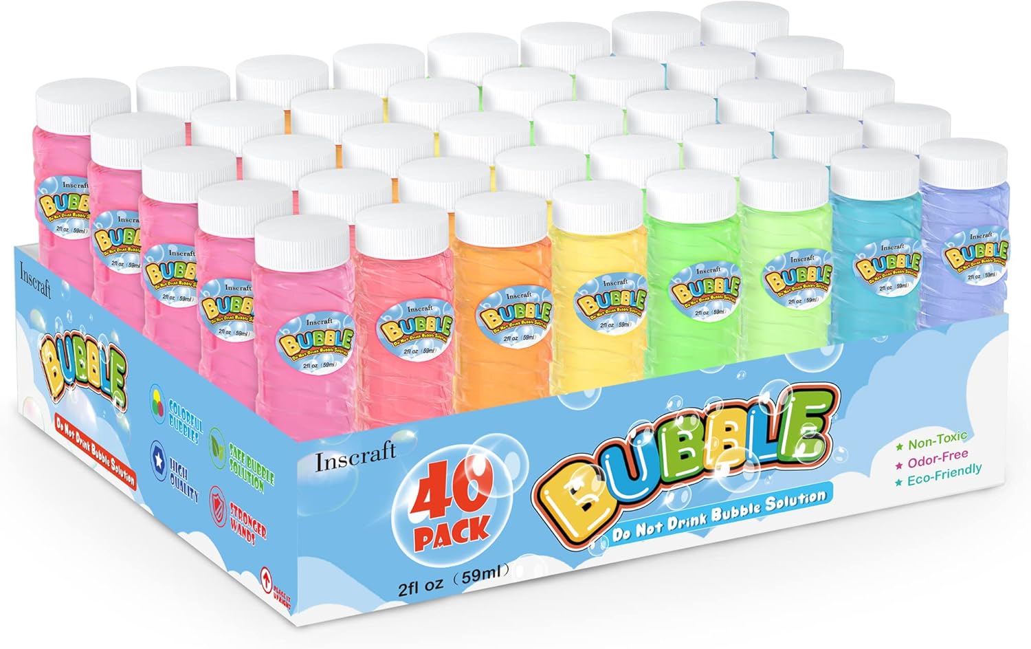 INSCRAFT 40 Pack Bubbles Solution Bulk, Party Favors for Kids Adults, 8 Colors Bottles with Wands for Birthday, Summer Toy, Weddings, Outdoor Activity, Refill for Bubbles Machine Blower