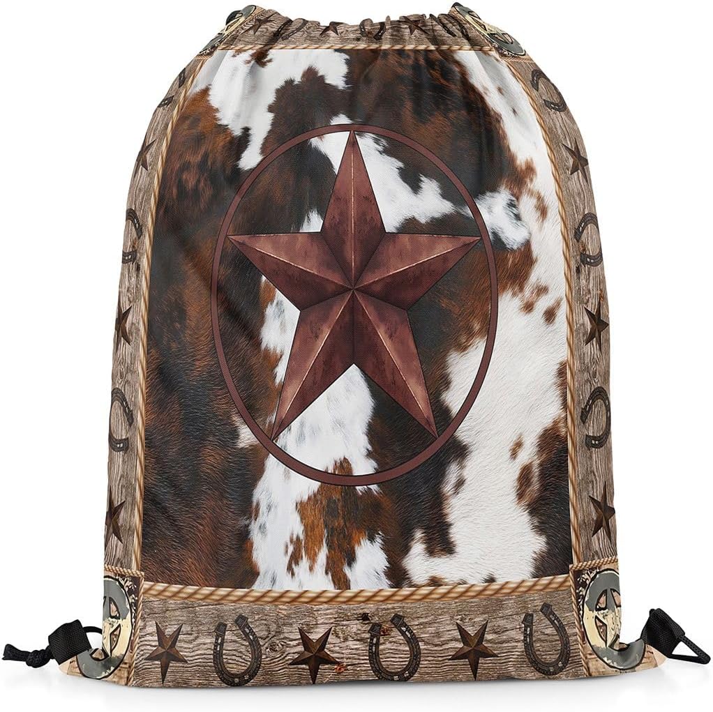 Castle Fairy Western Texas Star Drawstring Gym Bag,Vintage Wooden Foldable Waterproof Drawstring Backpack,Rustic Farmhouse Cowhide Brown Retro Draw String Back Bags for Shopping,Swimming,Beach,Brown