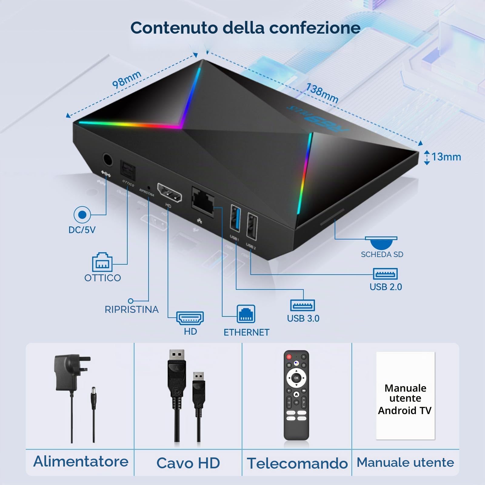 Android TV Box 2025, Android 14.0 TV Box 2GB RAM 16GB ROM 1000M Ethernet WIFI6 Android Box 4K 6K 8K HDR10 R69 Plus H728 Octa-core 3D Smart TV Box Supporto 2.4G 5.8G Dual WiFi BT5.0 USB 3.0