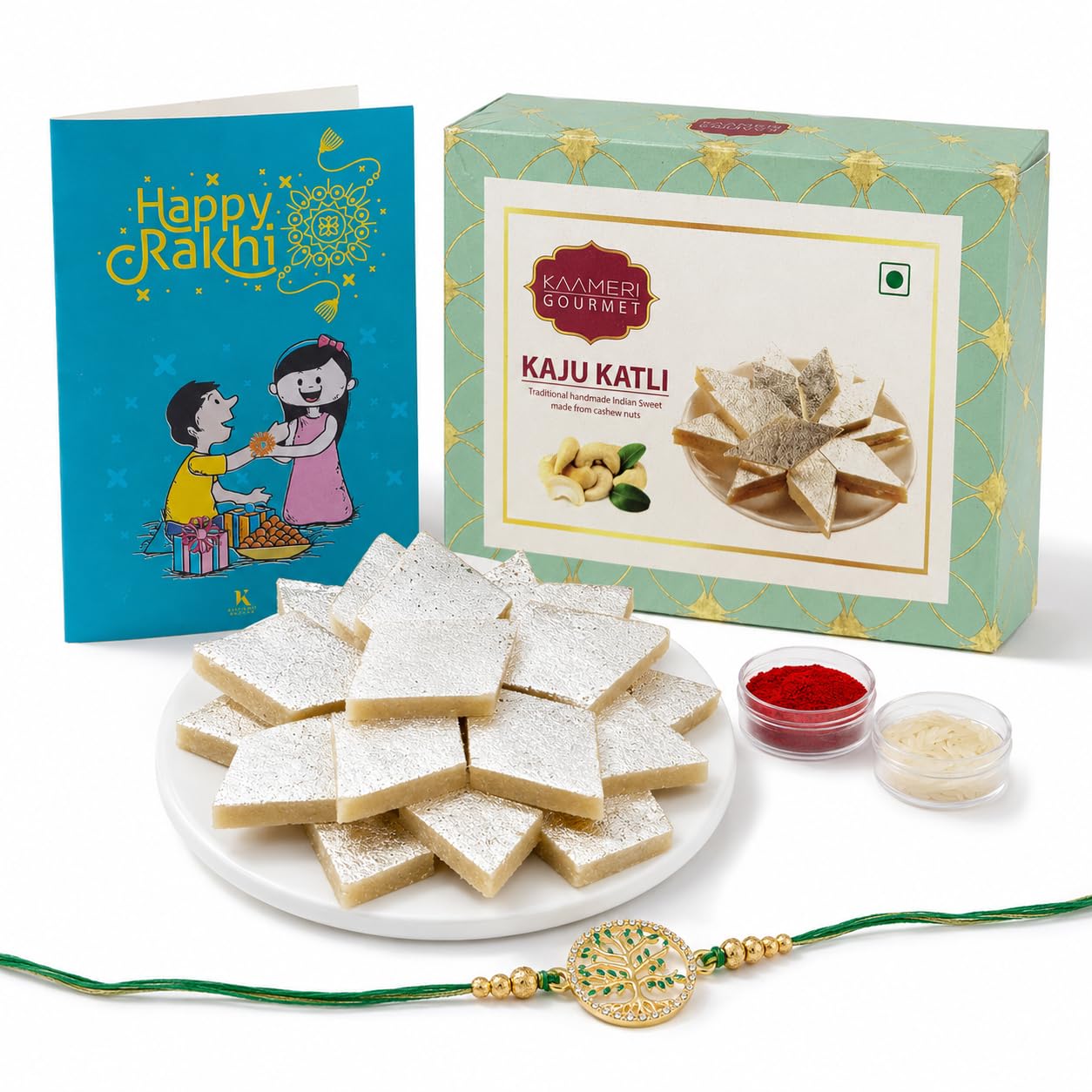 Kaameri Bazaar Wishing Tree Rakhi for Brother with Kaju Katli 100g, Metal Rakhi, Roli Chawal, Greeting Card & Premium Gift Box, Raksha Bandhan Gift Hamper Combo-image-10