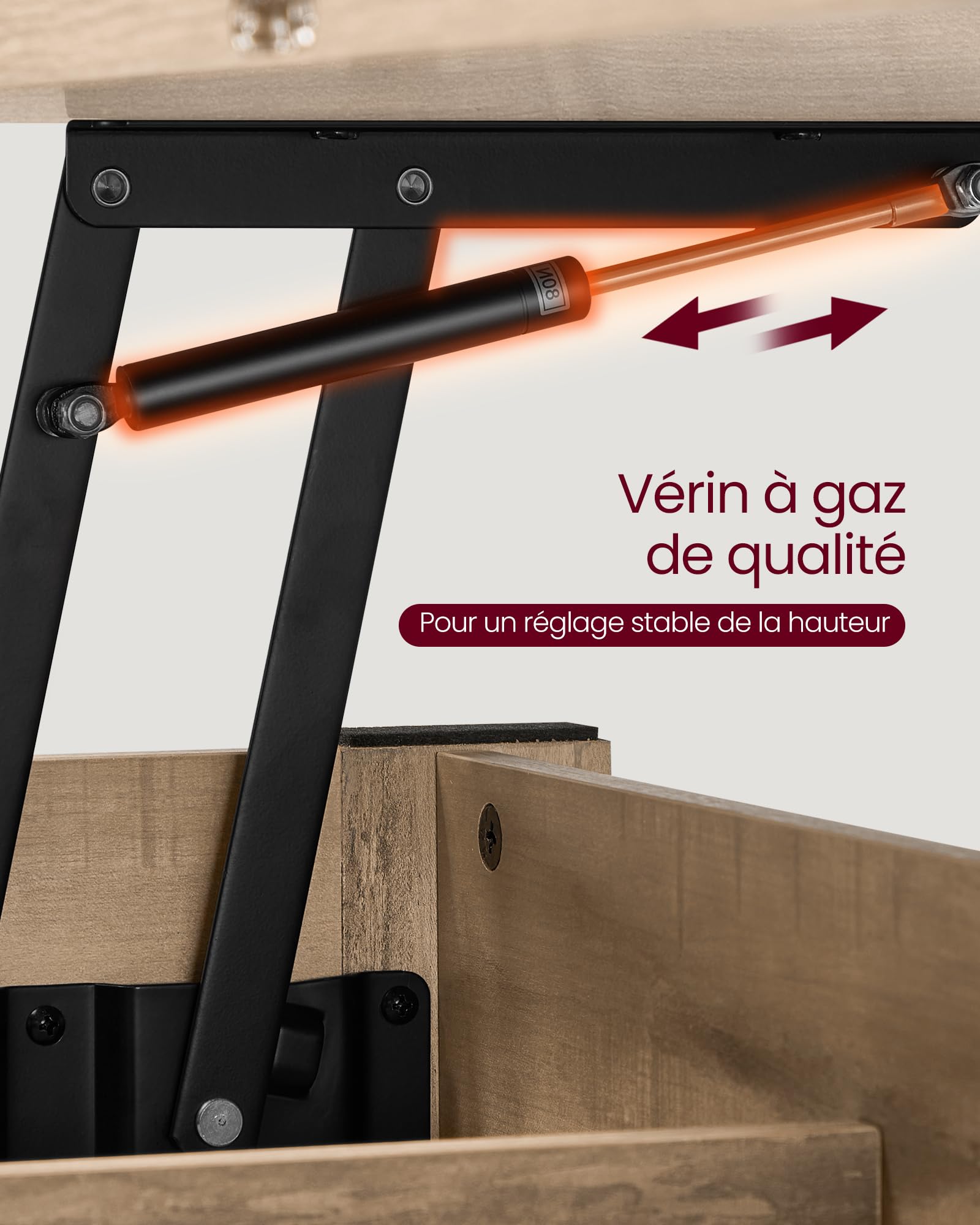 VASAGLE Table Basse, Table de Salon Relevable, Vérin à Gaz, 2 Tiroirs et 3 Compartiments sous Le Plateau, 1 Compartiment Ouvert, pour Salon, Bureau, Marron Camel LCT254L01