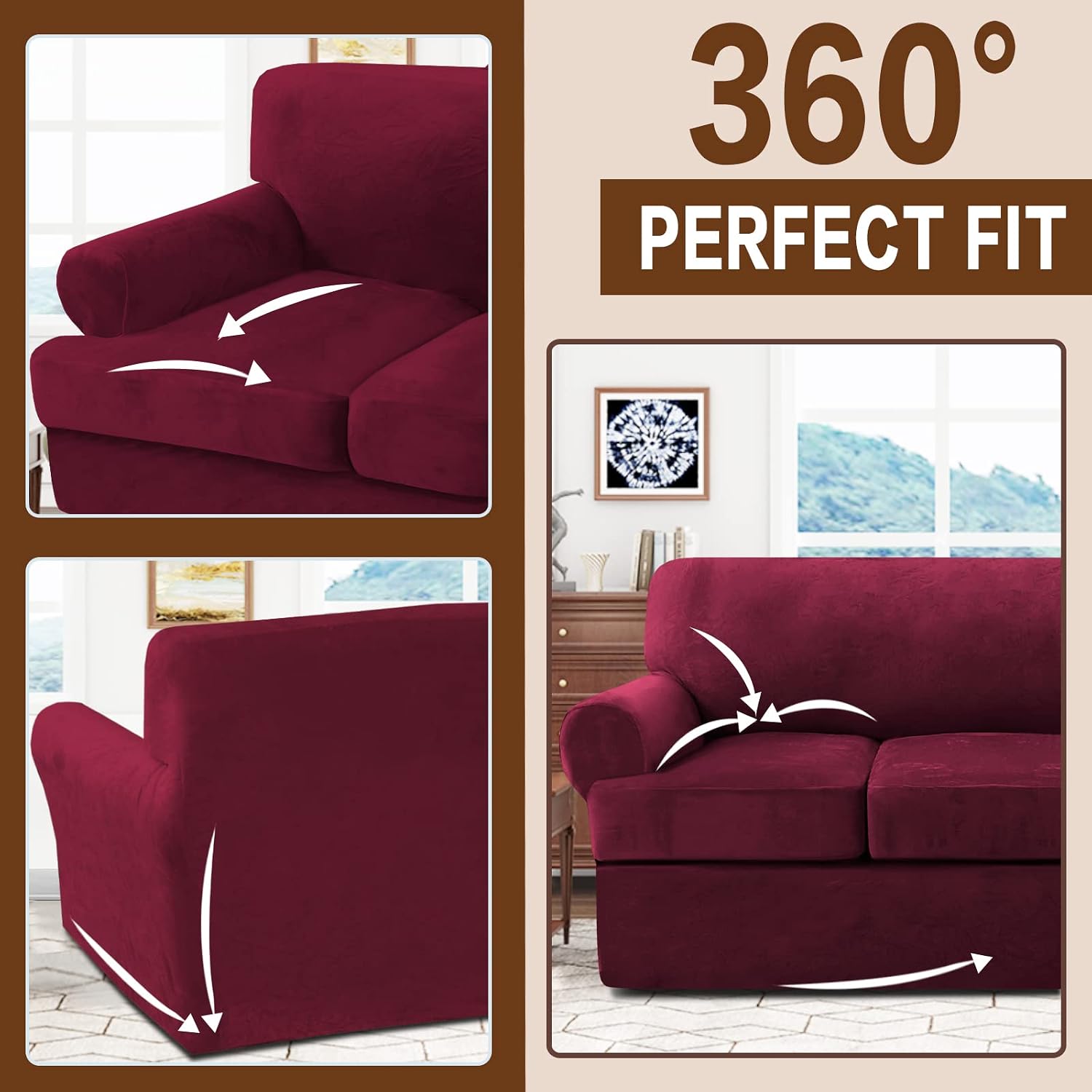 Velvet T-Cushion Sofa Cover 2-Piece Set – Stretchable Armchair Slipcover for 1-Seater Couches, Includes 1 T-Cushion Cover – Soft Furniture Protector (Burgundy, Armchair)
