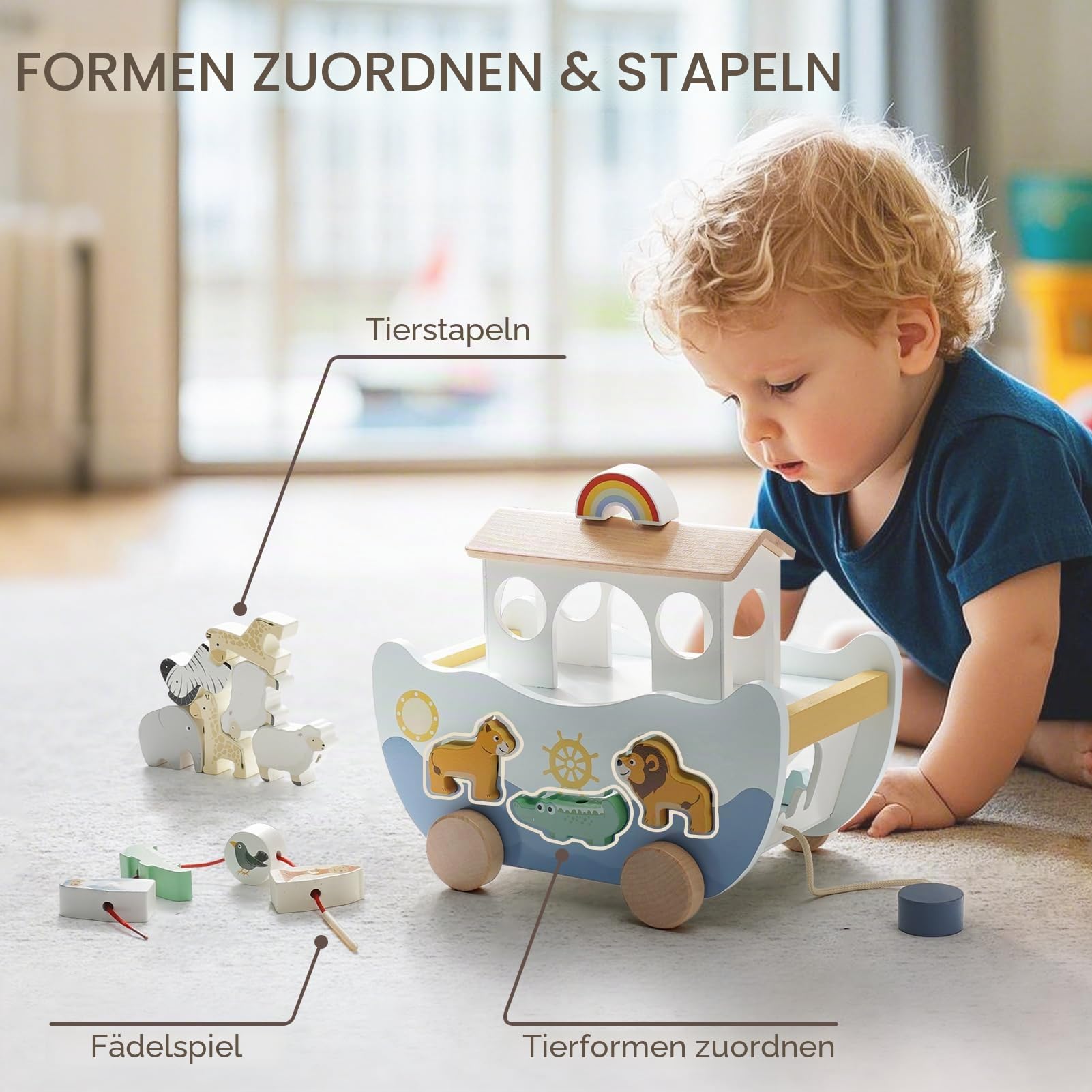 Joyreal Arche Noah Holz - Taufgeschenke für Mädchen Jungen Kinder, Montessori Spielzeug Lernspielzeug mit Bauernhof Spielzeug Sortier Stapel, Geschenk Taufe