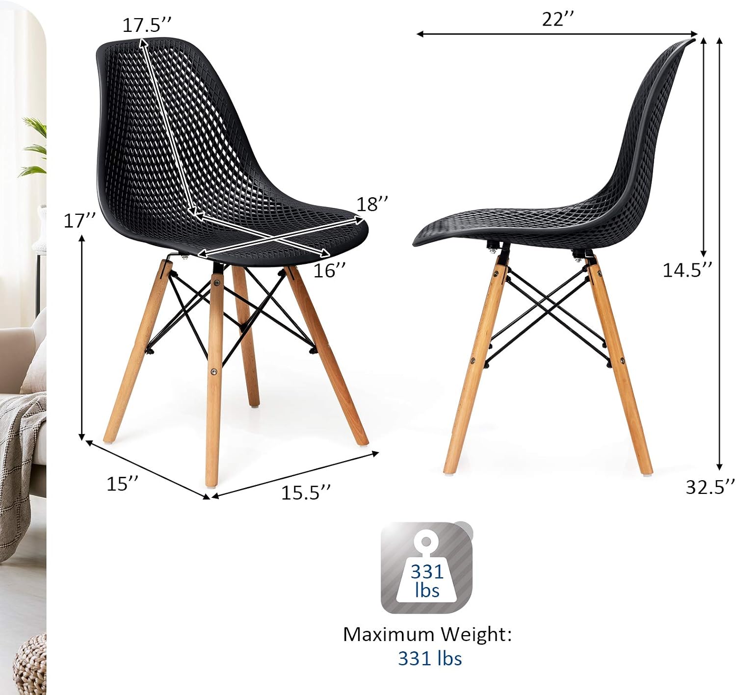 Diagram showing detailed dimensions of the dining chair and its 331 lbs weight capacity