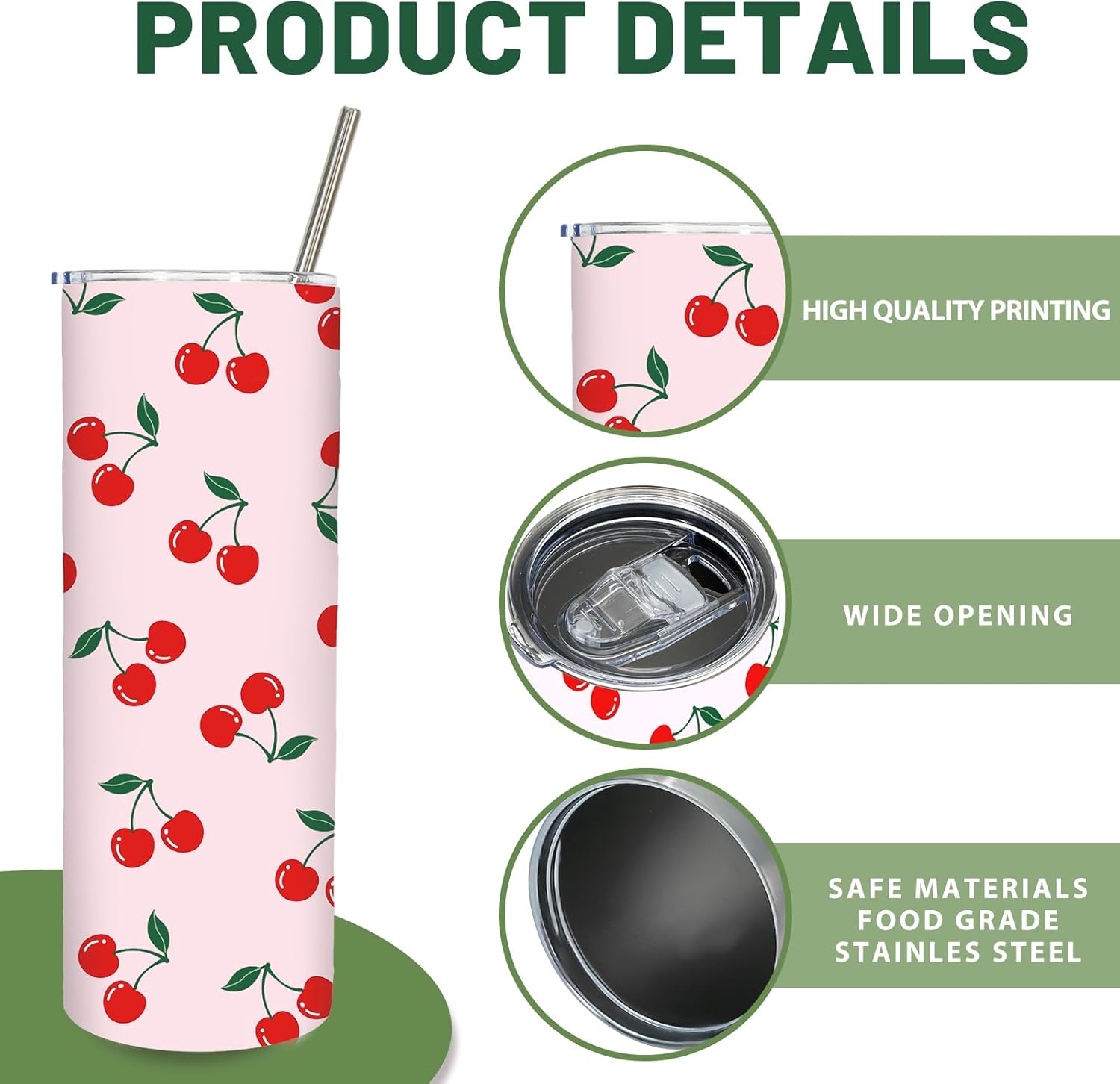 1Pc Cherry Tumbler with Lid Straw 20oz Pink Red Cherry Stainless Steel Travel Tumbler Cup Boxed for Coquette Wedding Iced Coffee - Image 3