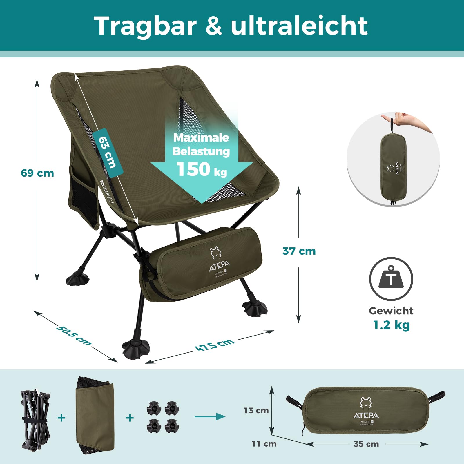 ATEPA Chaise De Camping Pliante Avec Dossier Haut Compact Ultra