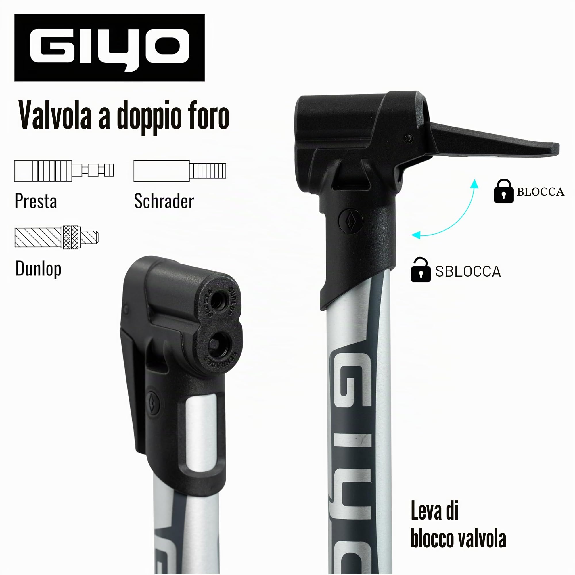 GIYO GP-44DH Mini pompa per bicicletta per pneumatici senza camera d'aria, testa doppio foro, compatibile Presta Schrader Dunlop