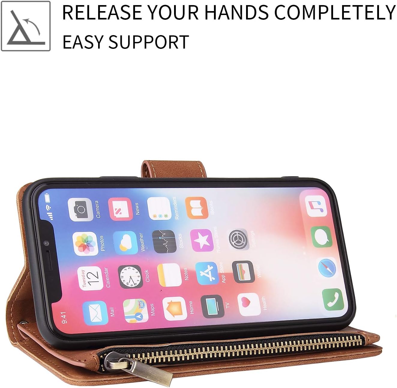 UEEBAI Wallet Case for iPhone X iPhone Xs, Premium Vintage PU Leather Magnetic Closure Handbag Zipper Pocket Case Kickstand Card Holder Slots with Wrist Strap TPU Shockproof Flip Cover - Brown