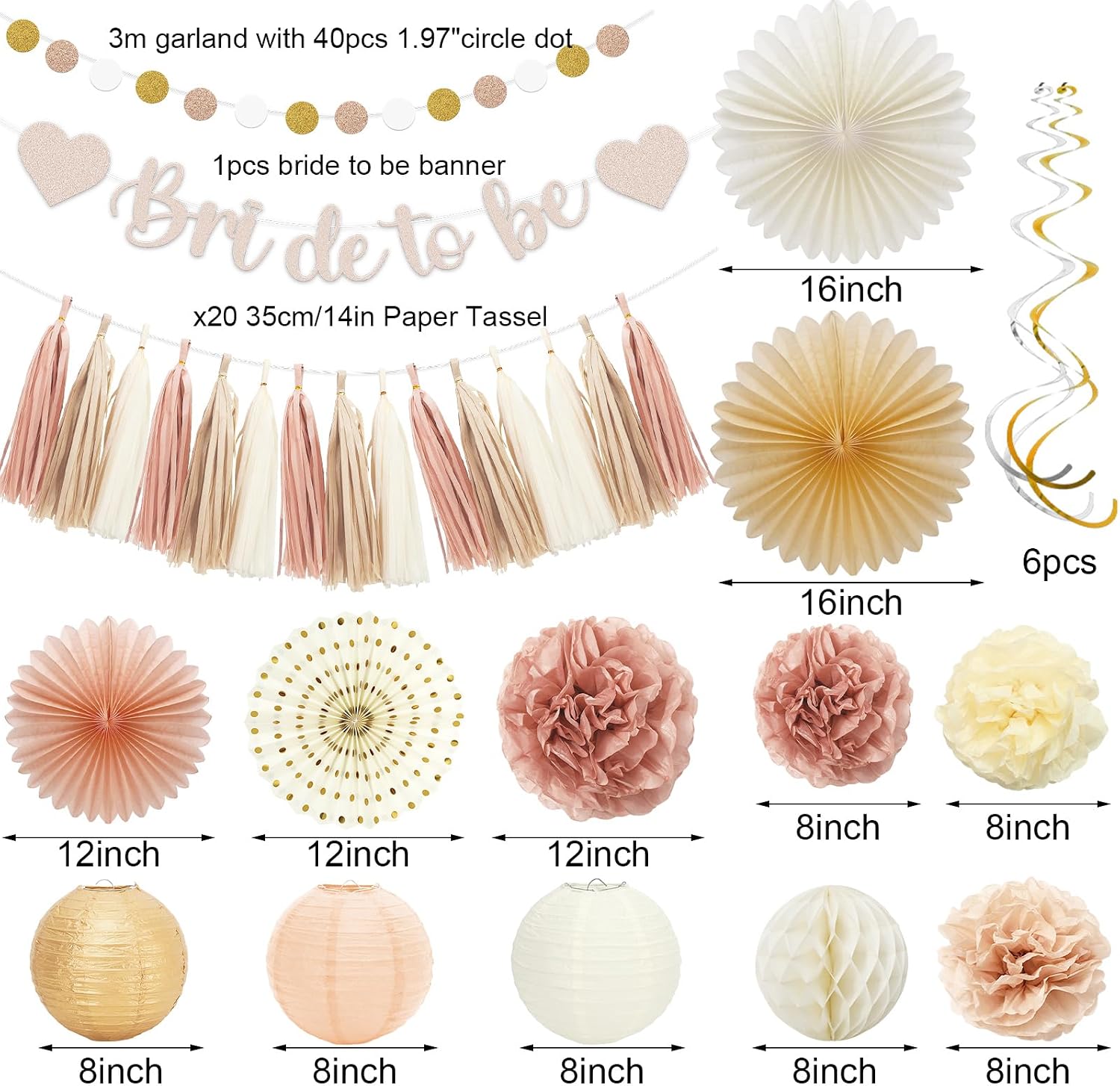 Whaline 22Pcs Boho Champagne Gold Pink Bachelorette Party Decoration Bride to Be Banner Hanging Lanterns Paper Fans Pom Poms Tassel Garlands for Wedding Bridal Shower Backdrop