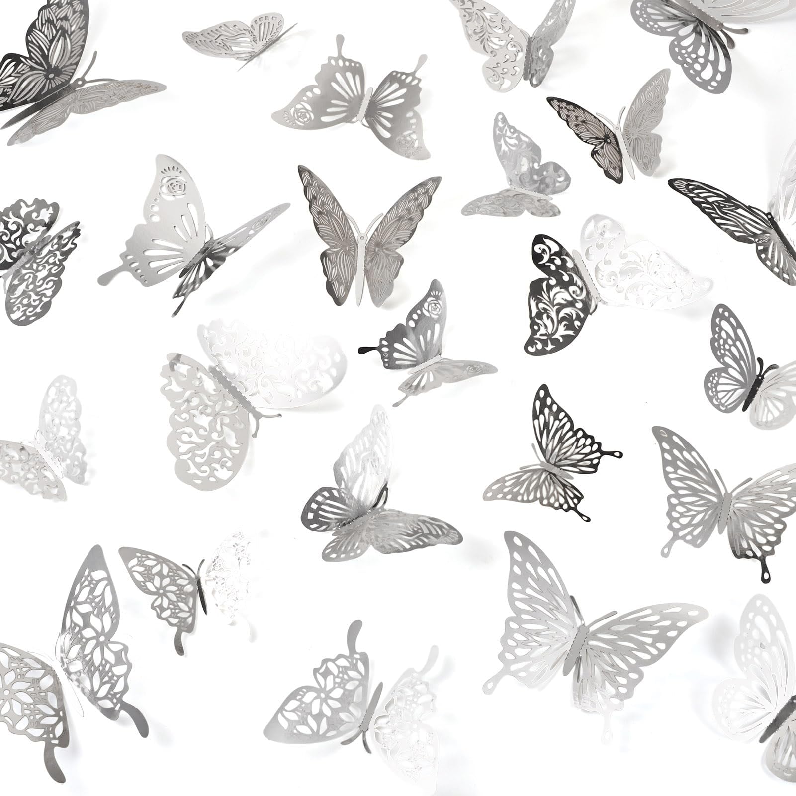 96Pcs Silver Butterfly Wall Decor, 8 Styles 3D Butterfly Decorations Cute Metallic Butterflies Wall Art Stickers Removable Decals for Birthday Party Cake Decorations Wedding Home Office