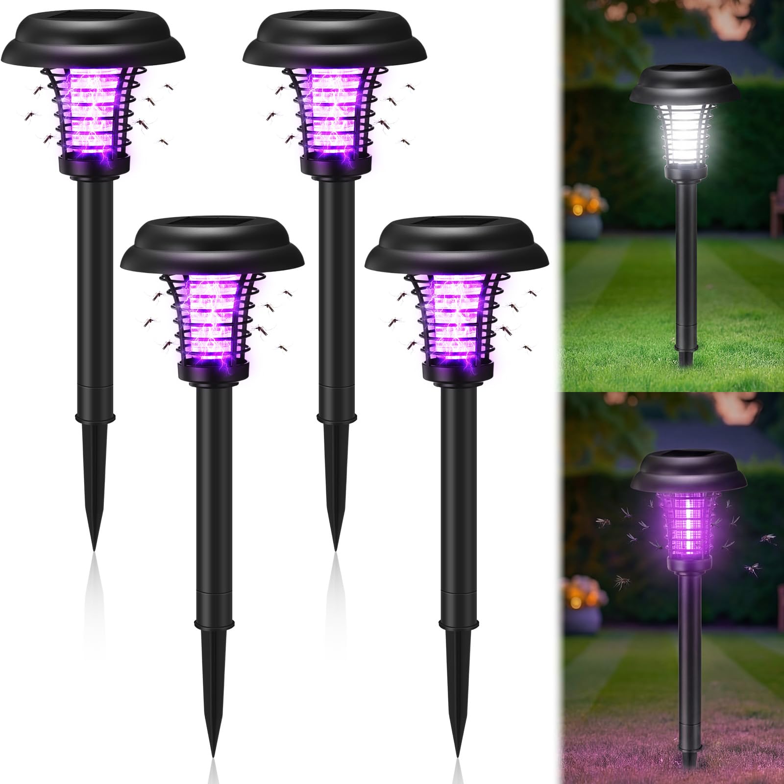 4 lampade a energia solare anti-insetti per esterni, impermeabili, repellenti per zanzare, luce solare per tarme, mosche, piccoli insetti volanti, cortile, giardino, prato (plastica, viola e luce