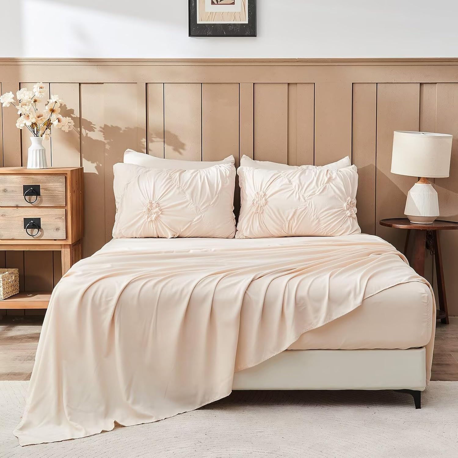 Beige Comforter Set Queen Size Bed in A Bag 7 Piece Pinch Pleat Bedding Set, Pintuck Ruched Flowers Bed Set with Comforter, Sheets, Pillowcases & Shams - Image 9