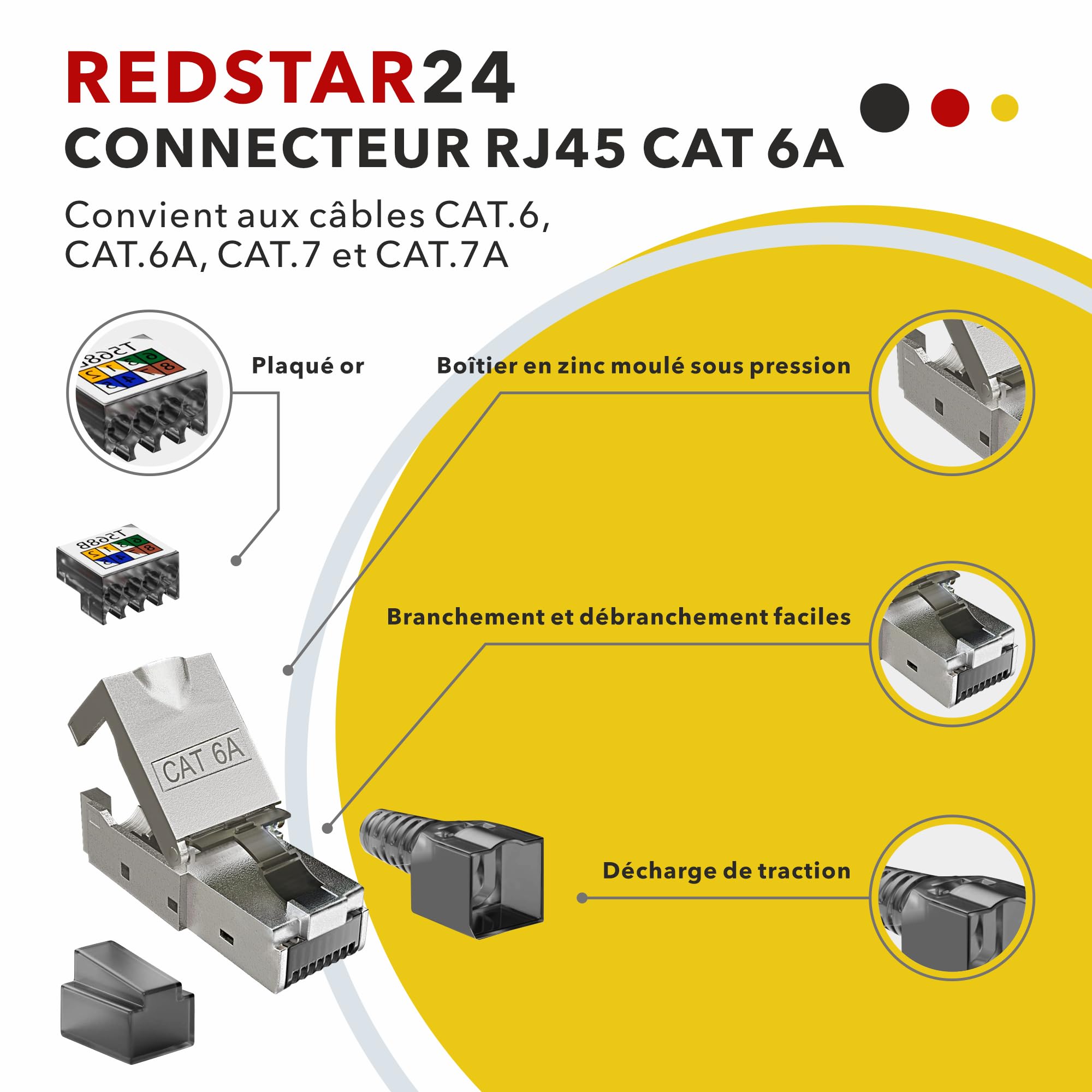 Connecteur RJ45 sans Outil Cat 6a Fiche Mâle Réseau 10Gbit/s Fiche à Sertir Blindée avec Connexion LSA pour câble ethernet Cat 7 Cat6a Cat6 8 pôles Plug | 6 pièces