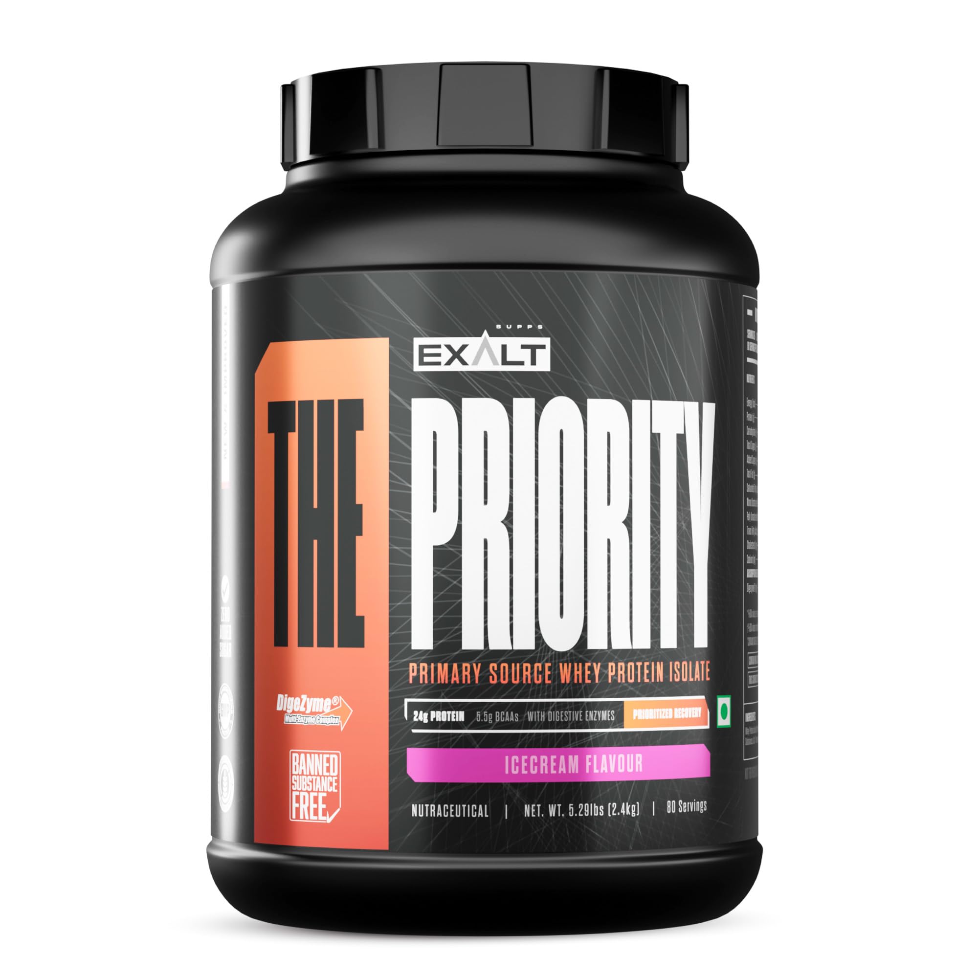 Exalt Supps The Priority Whey Protein Isolate | 24g Protein | 5.5g BCAAs | 150mg Digezyme | Zero Added Sugar | Prioritized Recovery (Ice Cream, 2.4 Kg)-image-35