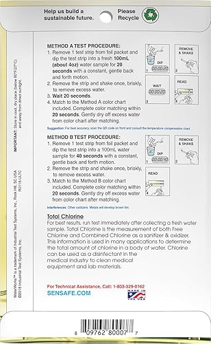 Miniatura 2 de Industrial Test Systems SenSafe 480007 Tira de prueba de cloro total, rango ultra bajo, tiempo de prueba de 40 segundos, rango de 0-0.2 mgL (paquete