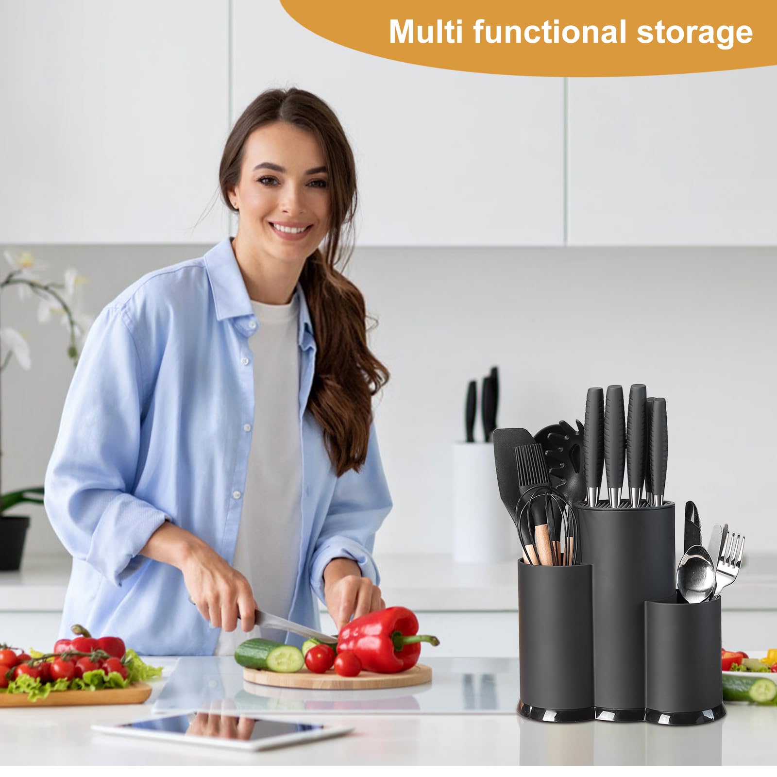 3 in 1 Ceppo Coltelli da Cucina, Nero Porta Coltelli Cucina con Foro Scarico e Slot Porta, Universal Portacoltelli da Cucina Vuoto, Rotondo Porta Utensili da Cucina, Mantiene Coltelli 8 Pollici