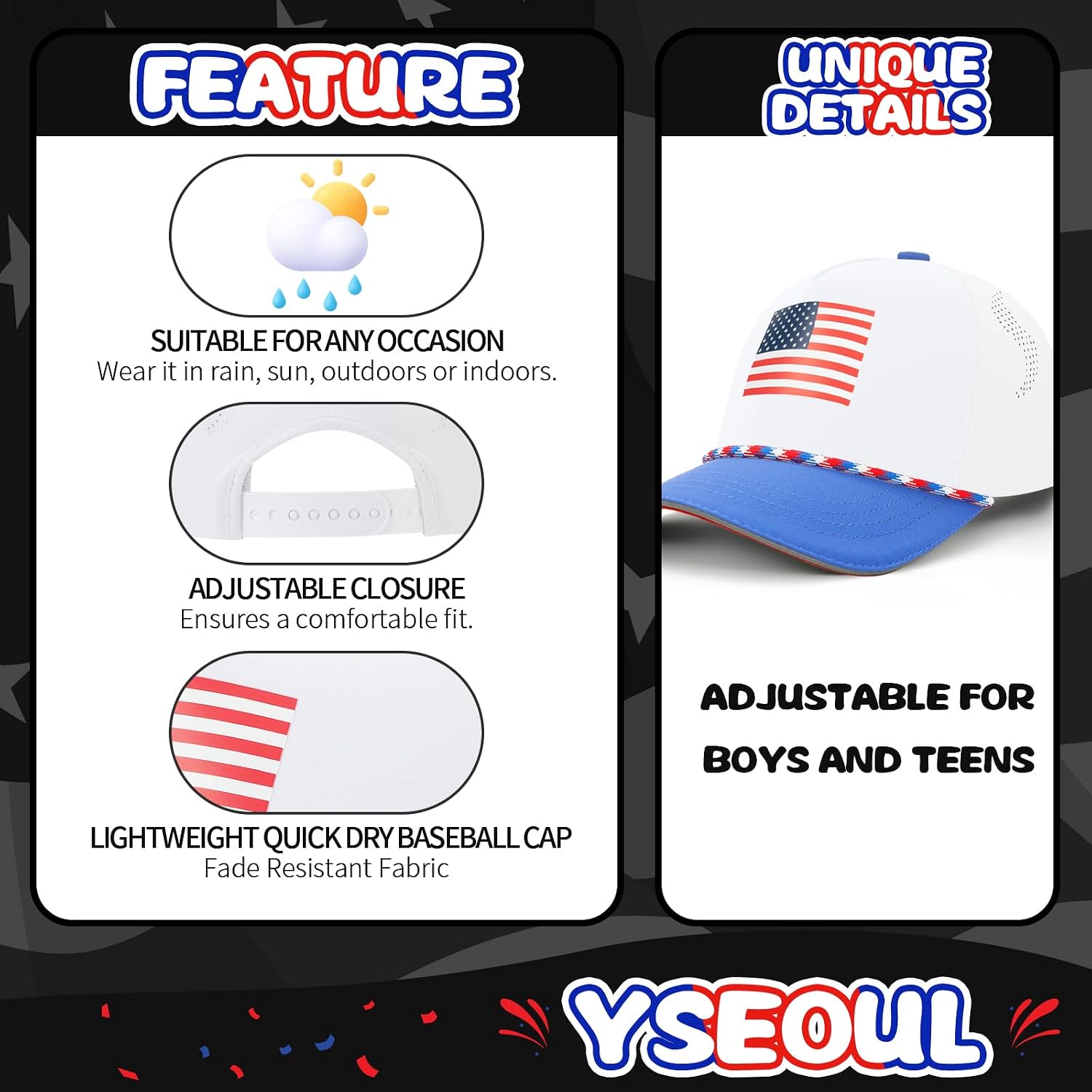 Youth Kids American Flag Trucker Hat, USA 250th Anniversary Snapback Cap Quick Dry with Reflective Trim, Ages 5-15