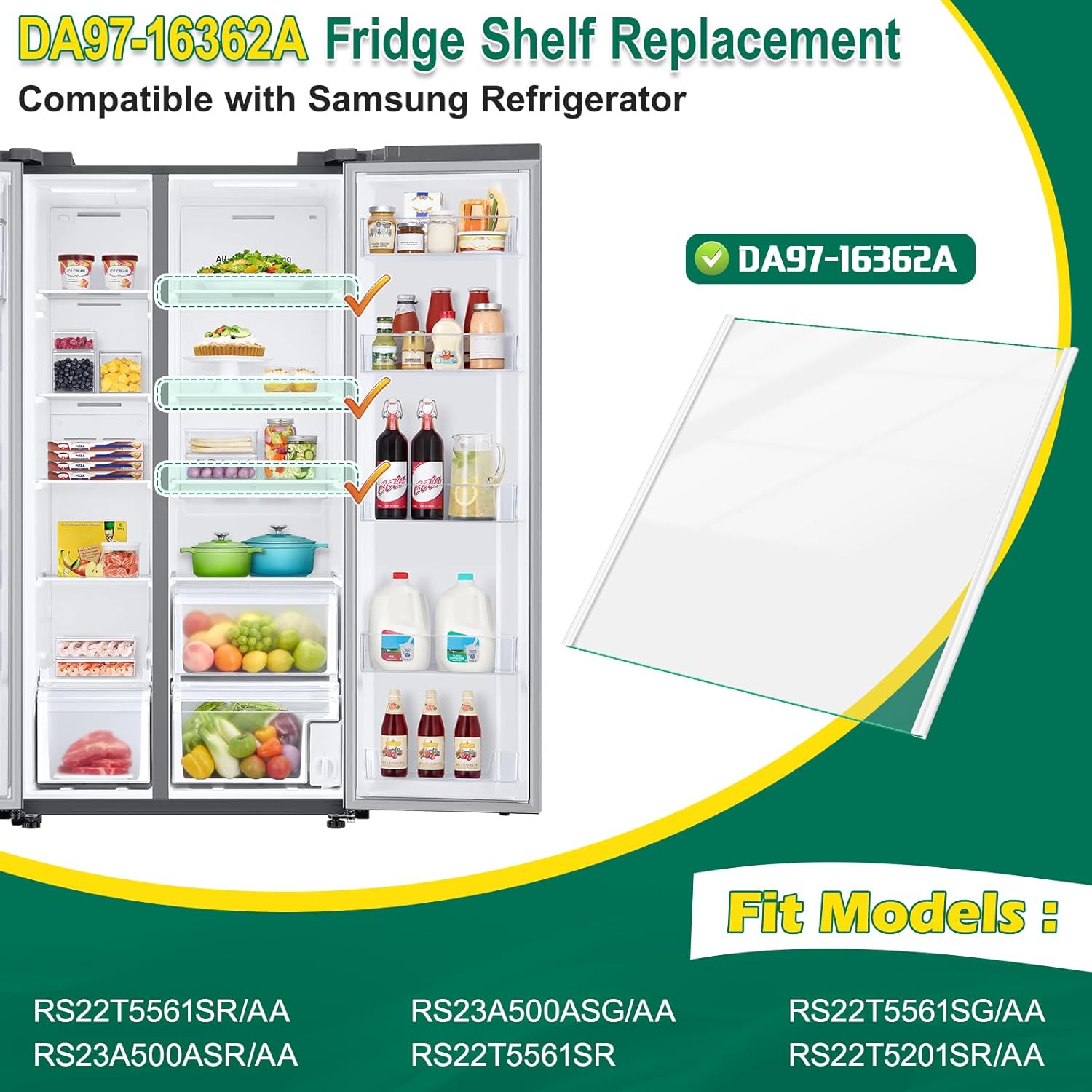 Upgraded DA97-16362A Refrigerator Glass Shelf Compatible with Samsung Refrigerator Shelf Replacement Freezer Glass Shelf Replaces RS22T5561SR RS23A500ASG Fridge Tempered Glass Shelf