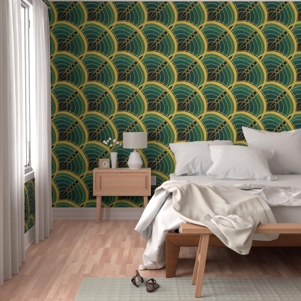 Spoonflower Peel & Stick Wallpaper 3ft x 2ft - Gold Art Deco Wave Cyan Teal Tile Deep Blue Midnight Green Black Pattern Custom Removable Wallpaper