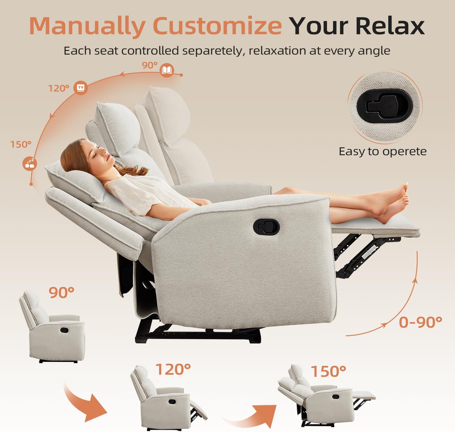 INZOY Manual Loveseat Recliner Sofa, Wall-Hugger 2 Seat Reclining Love Seat Couches, Chenille Fabric Reclinable Sofa Set, Double Seater Recliner Chair for Living Room, Office, Apartment, Beige