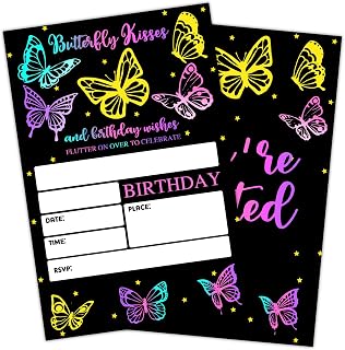 Butterfly Kisses Birthday Invitations Card, Butterflies Birthday Party Invitations for Boy Girl, Flutter on over Birthday Party Celebration Supplies, 20 Invitations with Envelopes -A14