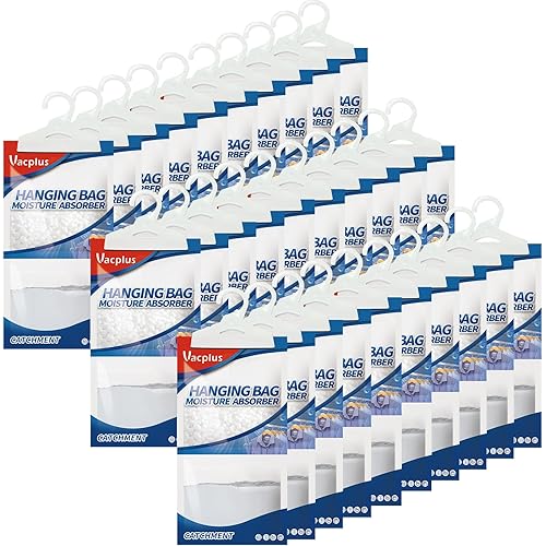 Vacplus Moisture Absorbers 30 Pack, Fragrance Free Hanging Humidity Packs with Sturdy Hook, Effective Closet Dehumidifier for Bathroom, Laundry Room, Basement, 9.8Oz