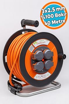 Plastik Makaralı Kablo 4 Prizli Uzatma Kablosu% 100 BAKIR 40 Metre 3x2.5 mm Termal Sigortalı Seyyar