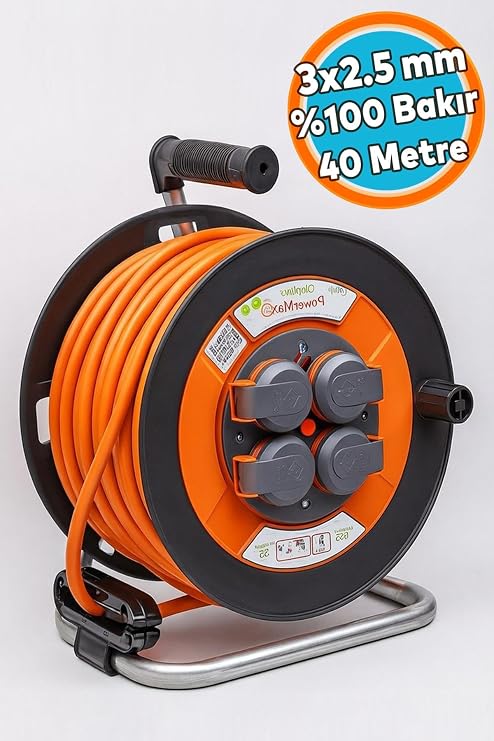 Plastik Makaralı Kablo 4 Prizli Uzatma Kablosu% 100 BAKIR 40 Metre 3x2.5 mm Termal Sigortalı Seyyar