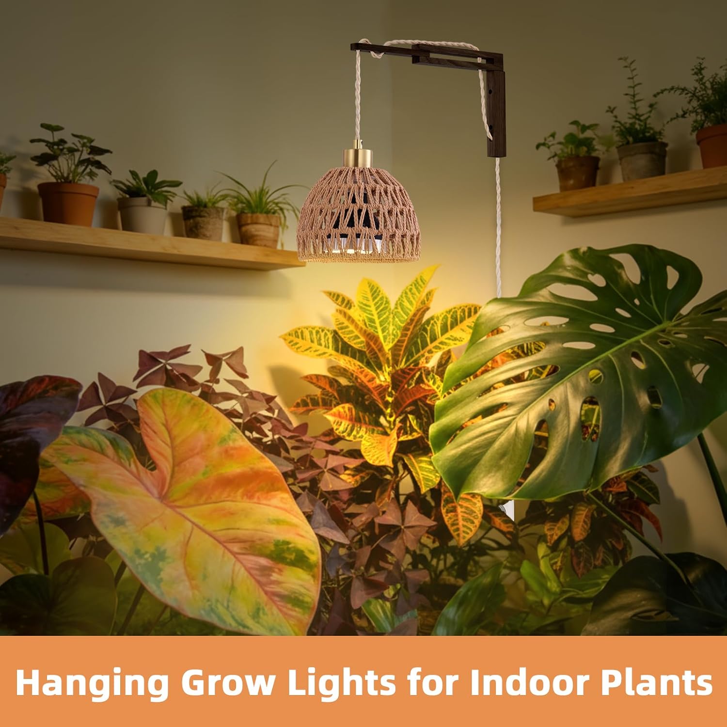 Hanging Grow Lights for Indoor Plants - 35W 4000K Full Spectrum Plant Light, Wall Mounted Grow Light with Wooden Bracket, Timer, 15FT Power Cord, Ideal for Plants, Flowers & Home Decor