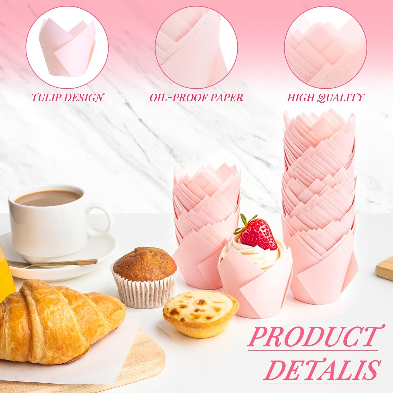 150 Pcs Tulip Cupcake Liners, Paper Muffin Liners for Baking, Greaseproof Cupcake Wrappers for Birthday Wedding Party, Pink