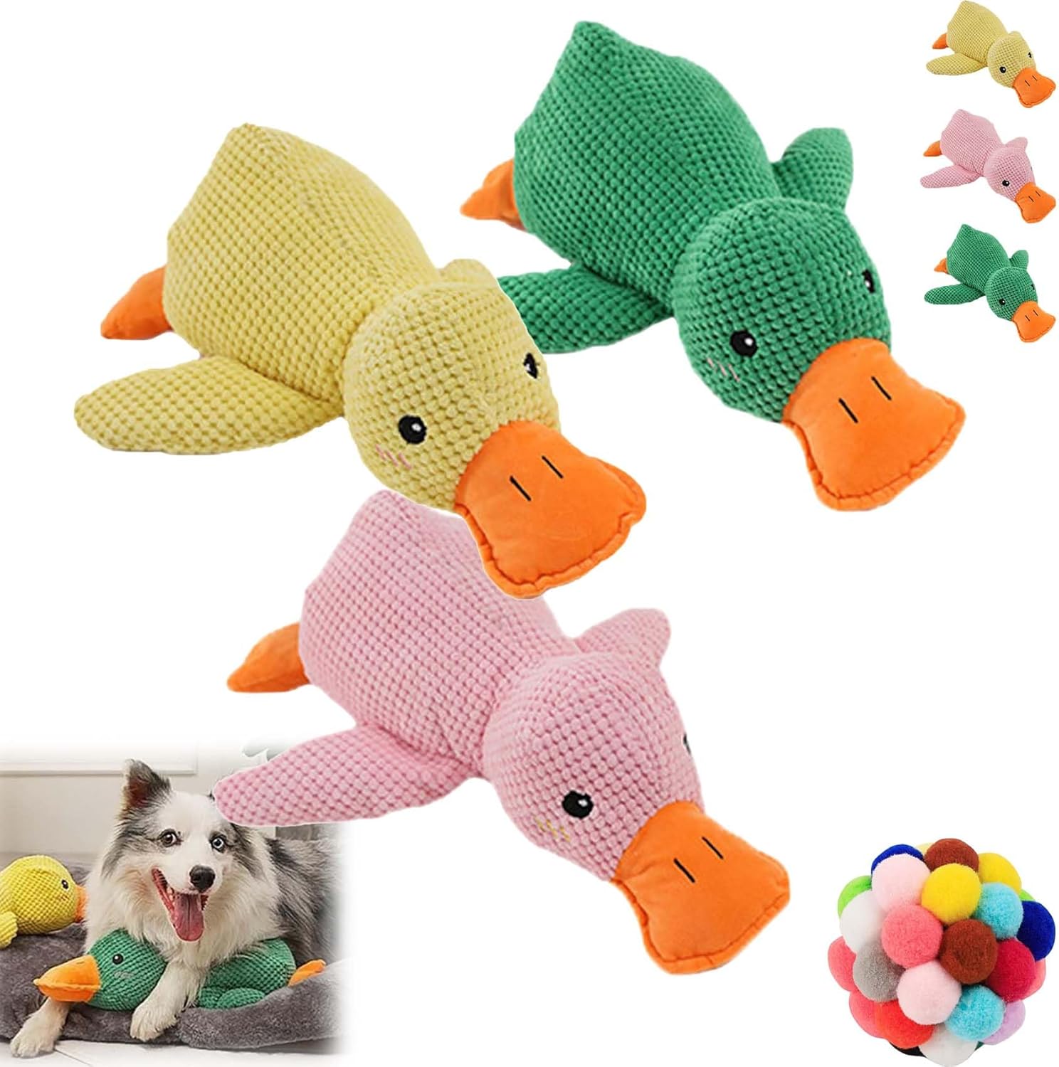 The Mellow Dog, The Mellow Dog Calming Pillow, The Mellow Dog Calming Duck, Cute No Stuffing Duck with Soft Squeaker, Dog Stuffed Animals Chew Toy, for Indoor Puppy (3PCS)
