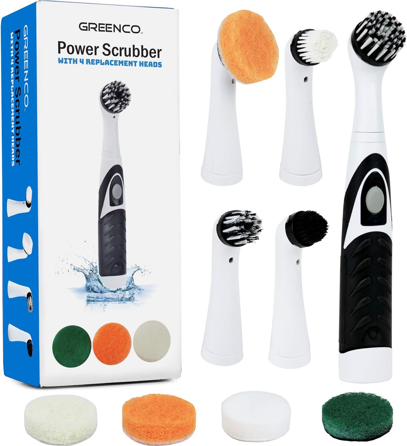 Greenco Power Scrubber Scrubbing Brush w/ 4 Attachment Heads | Scrub Brushes with Handle | Tile Grout, Floor, Shower, Tub, Toilet, Bathroom, Bathtub, Dish Cleaner | Cleaning Supplies, Household Tools