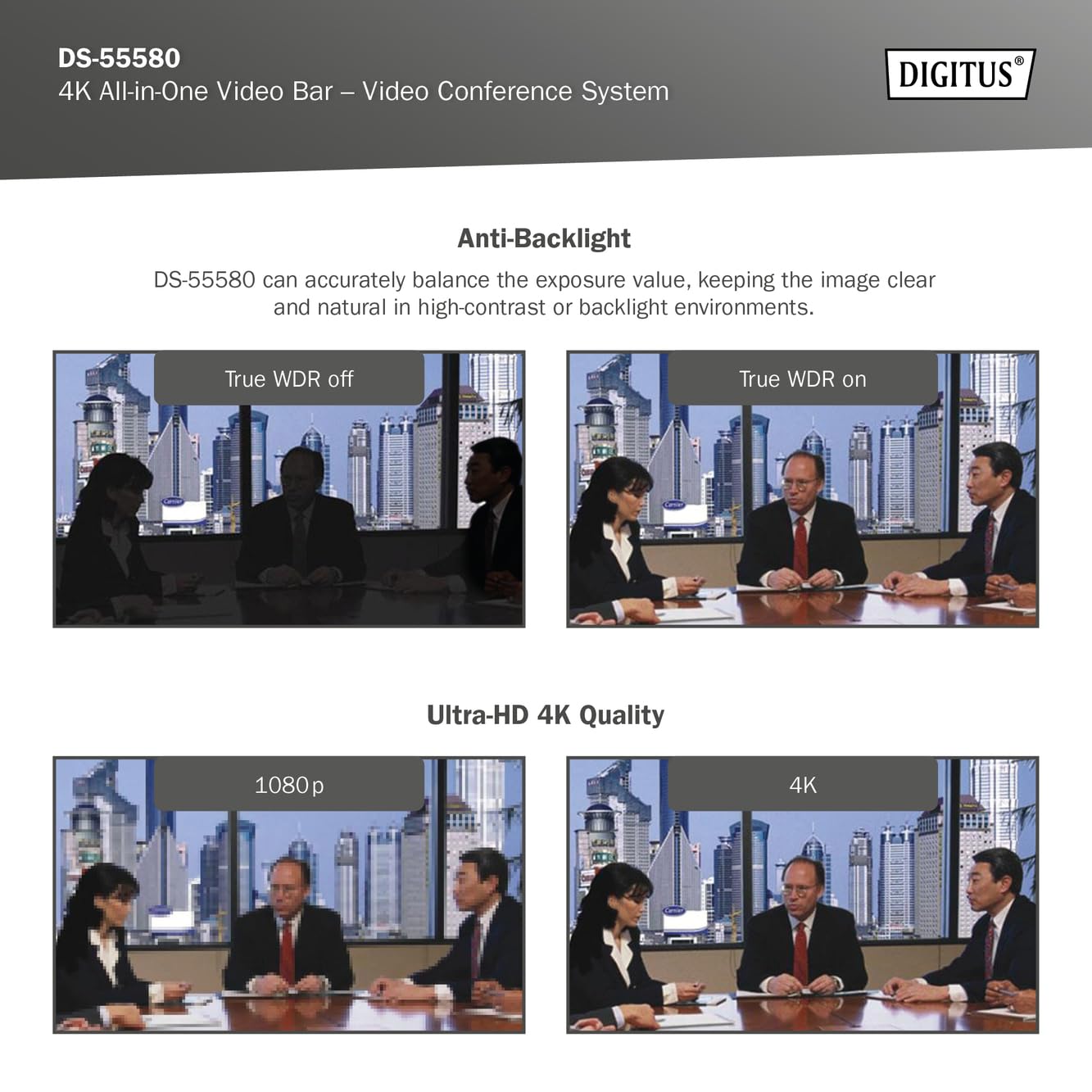 DIGITUS DS-55580 Video Bar Pro, system wideokonferencyjny - kamera internetowa 4K UHD 30 Hz ePTZ - 1 mikrofon biurkowy i 4 mikrofony wewnętrzne - głośniki - automatyczna regulacja ostrości i zoomu